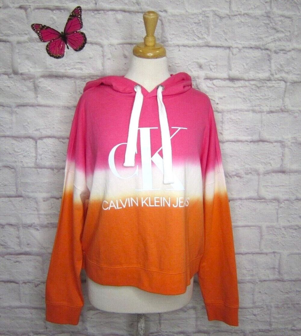 Calvin Klein Jeans Women's size L Pink/Orange Dip Dye Logo Hooded Sweatshirt New